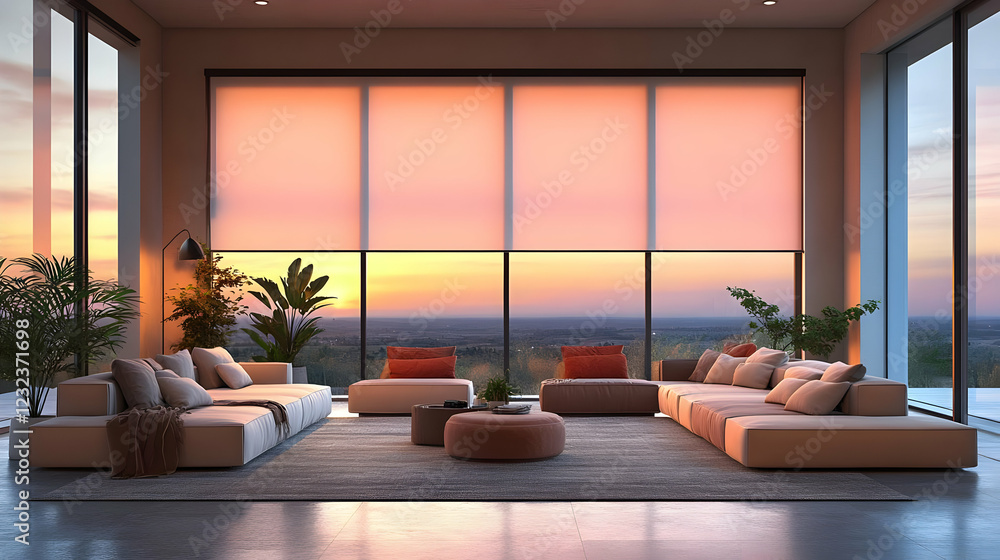 Fototapeta premium Modern Living Room Interior Shows Sunset View Through Large Windows, Creating a Cozy and Relaxing Atmosphere