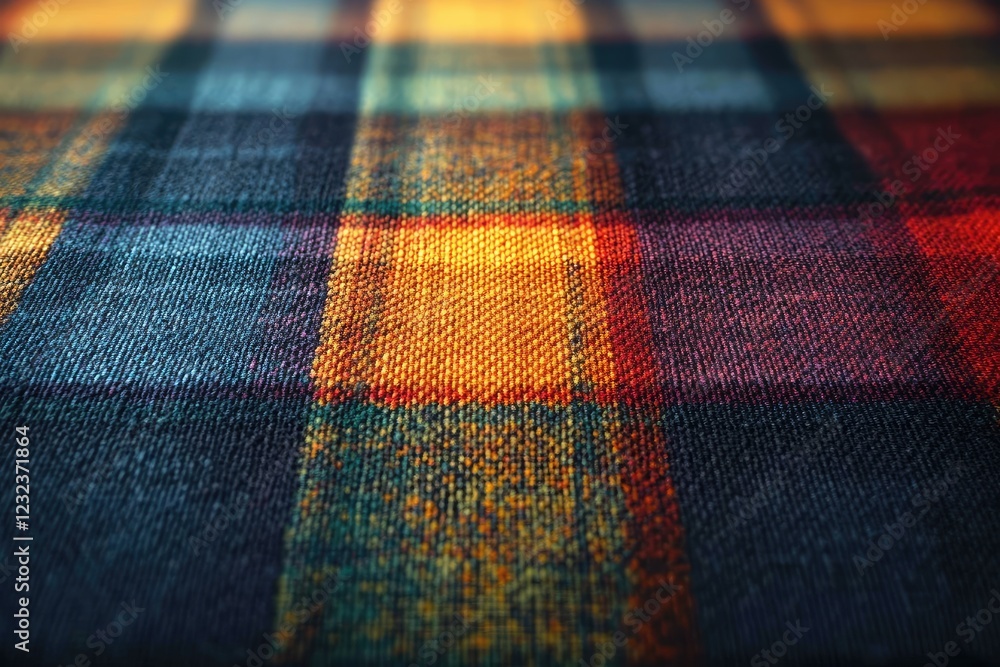 A close-up of a traditional tartan fabric, with each intersecting line and color vividly showcased in natural light A close-up of a traditional tartan fabric, with each intersecting line and color vividly showcased in natural light