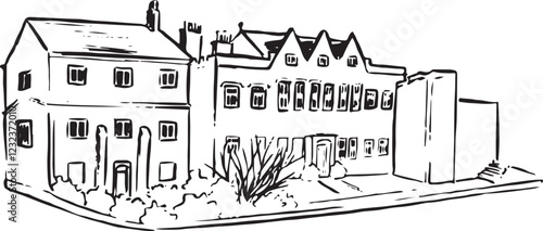 Newarke Houses Museum, Leicester, England black and white ink sketch. Historic museum housed in elegant Tudor and Georgian buildings. Cultural landmark illustration. Tourism, travel, and heritage.