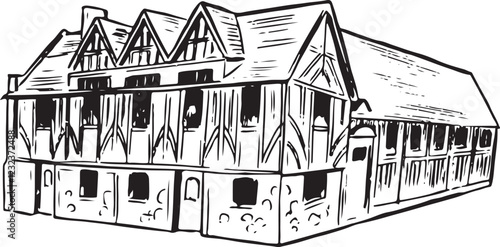 Guildhall Museum, Leicester, England black and white ink sketch. Historic timber-framed medieval building with rich heritage and intricate details. Cultural landmark illustration. Tourism, heritage