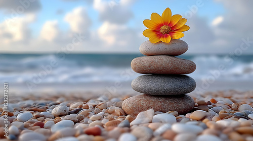 Stacked Pebbles with Flower...