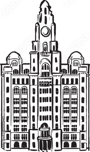Royal Liver Building, Liverpool, England black and white ink sketch. Iconic Edwardian Baroque landmark with striking towers and Liver Birds. Historic waterfront illustration. Tourism, travel, heritage