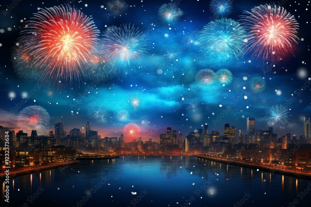 Vibrant fireworks illuminating the night sky above a cityscape during a winter snowfall, creating a festive and magical atmosphere Vibrant fireworks illuminating the night sky above a cityscape during a winter snowfall, creating a festive and magical atmosphere