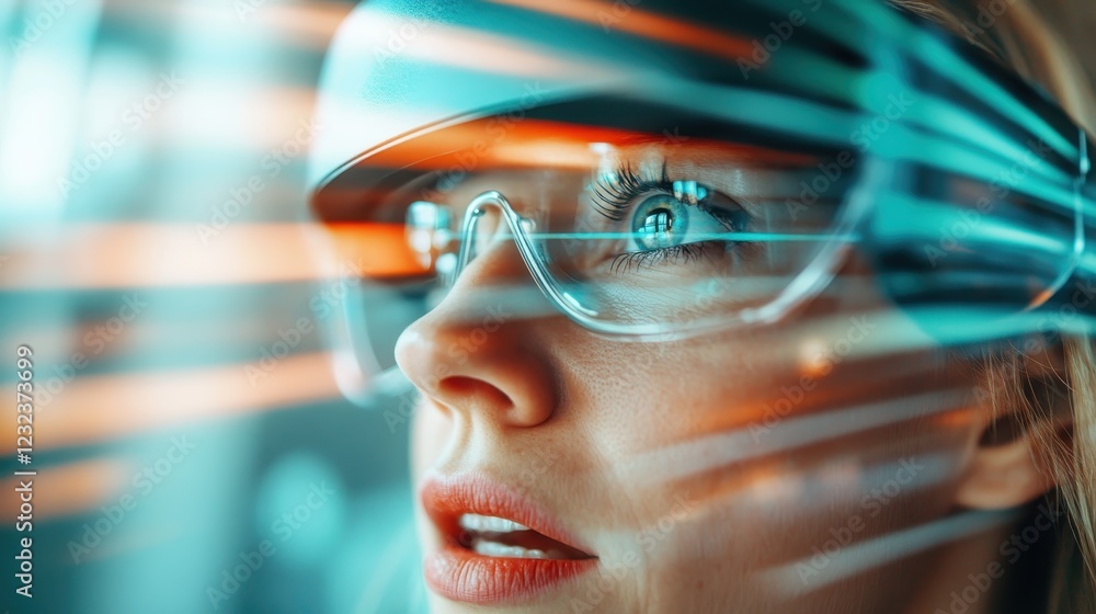 A woman with VR glasses immersed in a digital environment, her eyes reflecting the vibrant colors and technology of virtual reality as she experiences an alternate reality. A woman with VR glasses immersed in a digital environment, her eyes reflecting the vibrant colors and technology of virtual reality as she experiences an alternate reality.