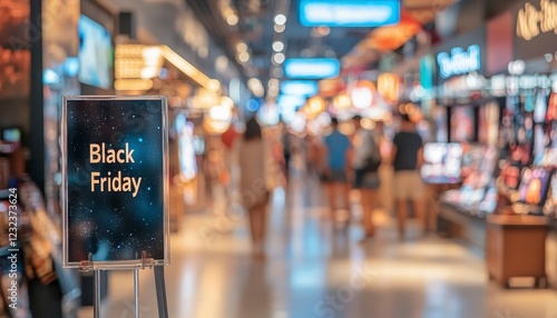 Wallpaper Mural A Black Friday sale sign in a bustling shopping mall. Blurred shoppers and retail displays create a busy atmosphere. Warm lighting and a dark Torontodigital.ca