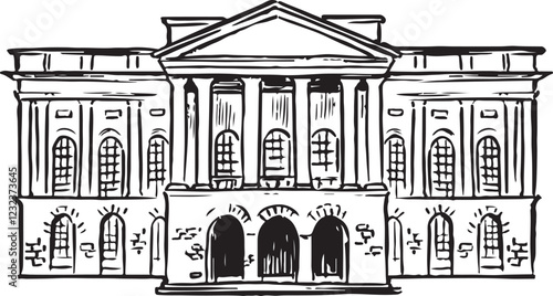Liverpool Town Hall, Liverpool, England black and white ink sketch. Georgian architecture with an ornate dome and intricate detailing. Historic civic landmark illustration. tourism, travel, heritage