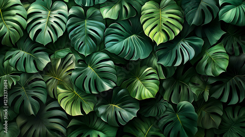 Wallpaper Mural Lush Green Monstera Leaves Form a Vibrant, Natural Background with Rich Textures and Deep Shadows. Torontodigital.ca