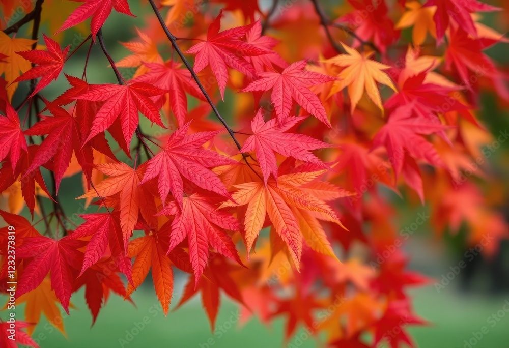 A backdrop of vibrant maple autumn leaves, showcasing rich reds, oranges, and yellows, set against a soft blurred background