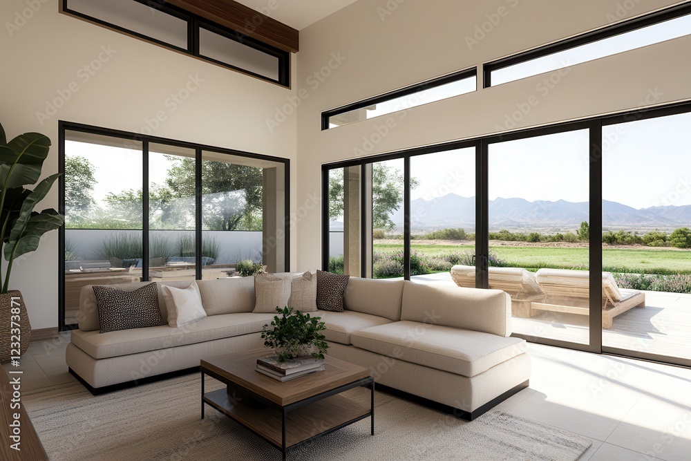 Fototapeta premium Virtual tours are transforming real estate experiences. Modern living room with large windows and scenic outdoor view.