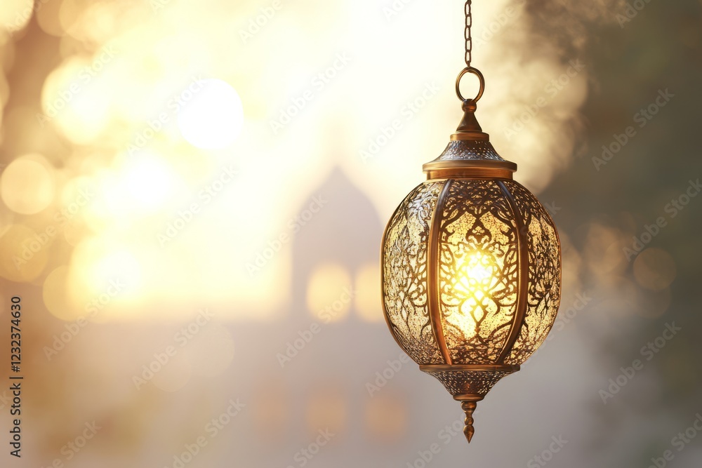 Ornate hanging lantern glows at sunset, intricate details visible. Ornate hanging lantern glows at sunset, intricate details visible.