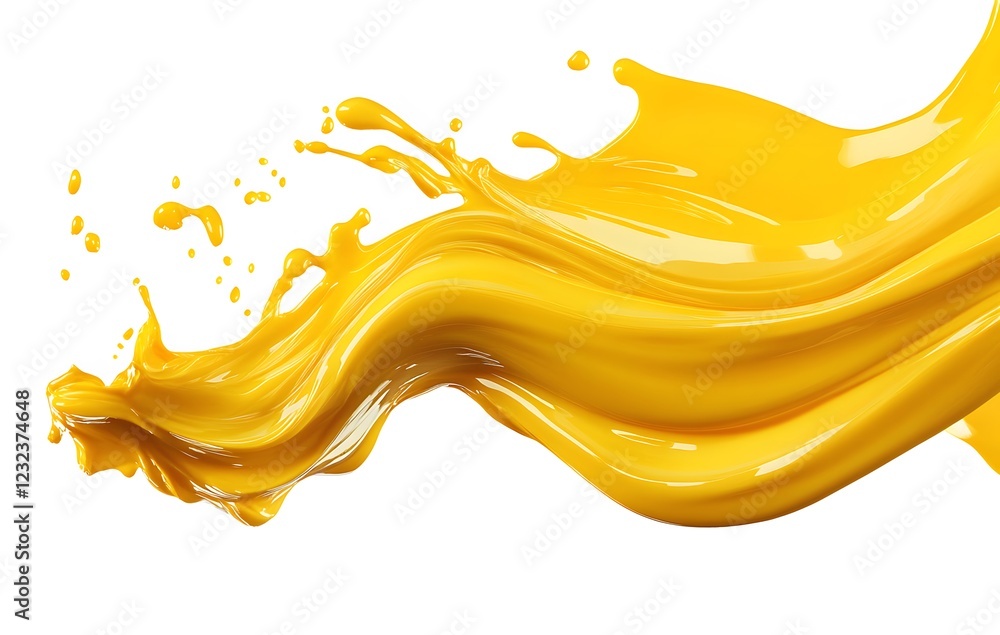 Fototapeta premium Vibrant yellow paint fluid flowing on a white background, creates a visual effect, generative AI
