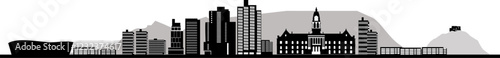 capetown city skyline, presented in black and white with iconic structures and modern architectural design. Depicts a blend of classic and contemporary styles representing metropolit