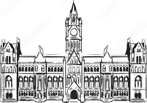 Manchester Town Hall, Manchester, England black and white ink sketch. Iconic Neo-Gothic architecture with a towering clock and intricate stonework. Historic civic landmark illustration. 