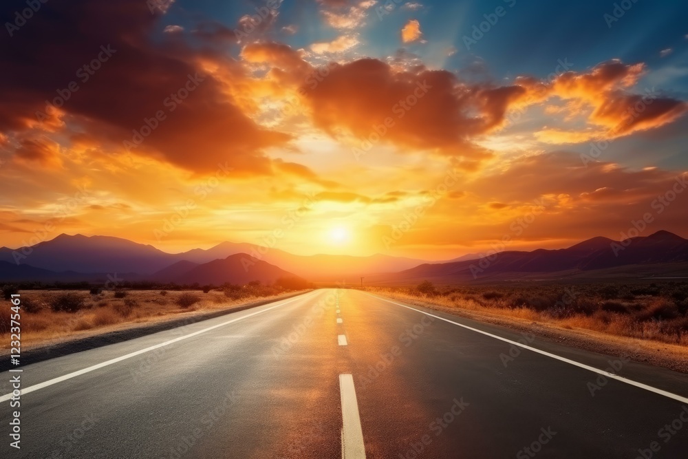 Naklejka premium Straight asphalt road leading into the distance towards the mountains at sunset