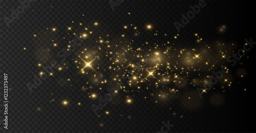 Gold dust. Light yellow. Bokeh light effect background png. Christmas glowing dust background. Yellow flickering glow with confetti bokeh light and particle motion.