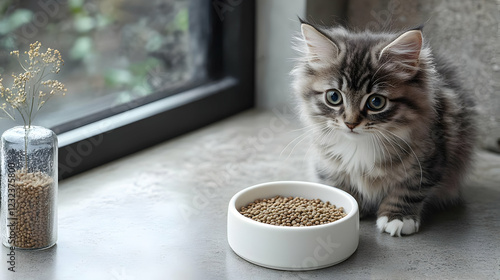Fluffy Kitten Sits by Food ...