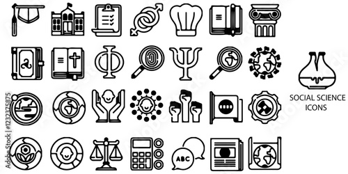 Social science simple concept 28 icons set. Contains such Social care, education, social justice, critical thinking, human thinking .Vector illustration.