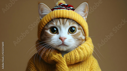 Adorable Cat Wears Cozy Yel...