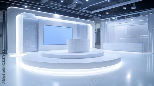 White news studio, empty, tv screen, modern, for broadcast