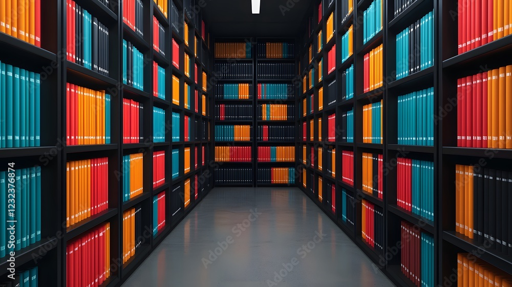 Fototapeta premium Explore the Vibrant Aesthetic of a Modern Library Filled with Colorful Digital Bookshelves. Visualization Practice Concept