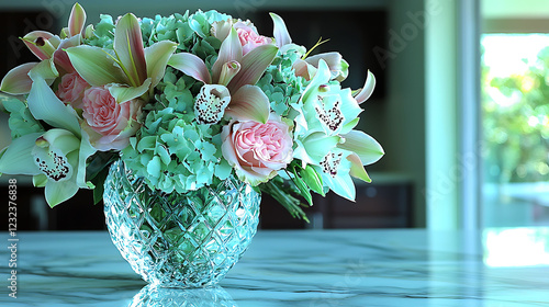 Elegant pastel pink and mint green floral arrangement in a textured glass vase.  Perfect for wedding, home decor, or spathemed projects.  Soft, romantic aesthetic. photo