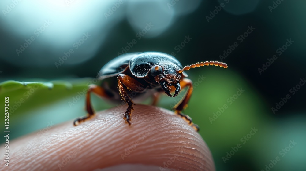 Naklejka premium A stunning image of a beetle resting on a leaf and fingertip, emphasizing the harmony between nature and human touch under natural lighting.