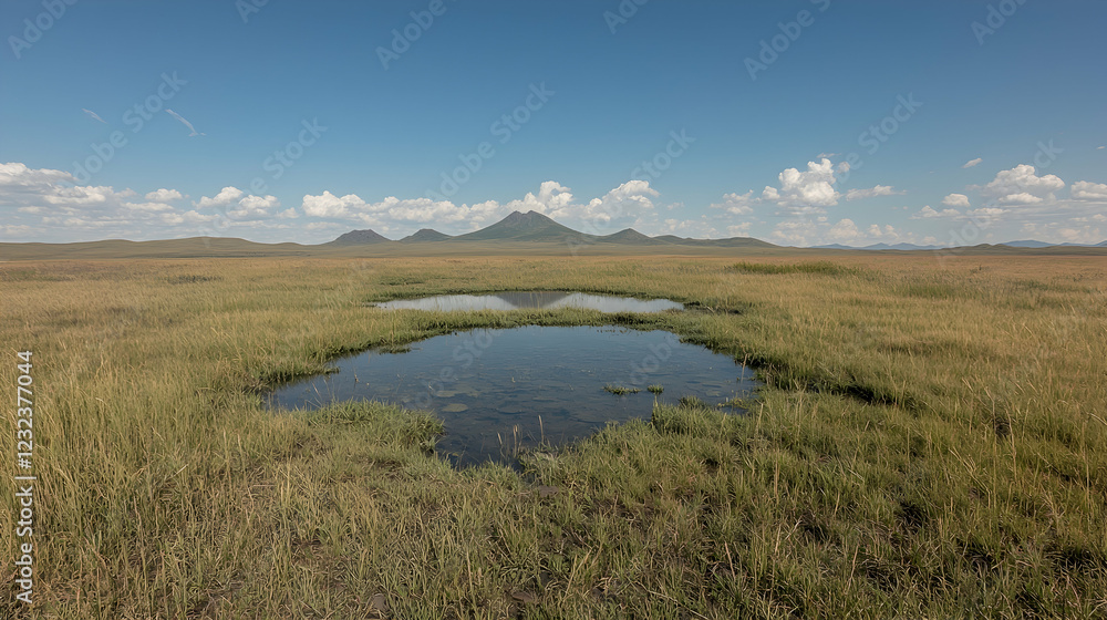 Serene grassland landscape with twin pools reflecting mountains Serene grassland landscape with twin pools reflecting mountains
