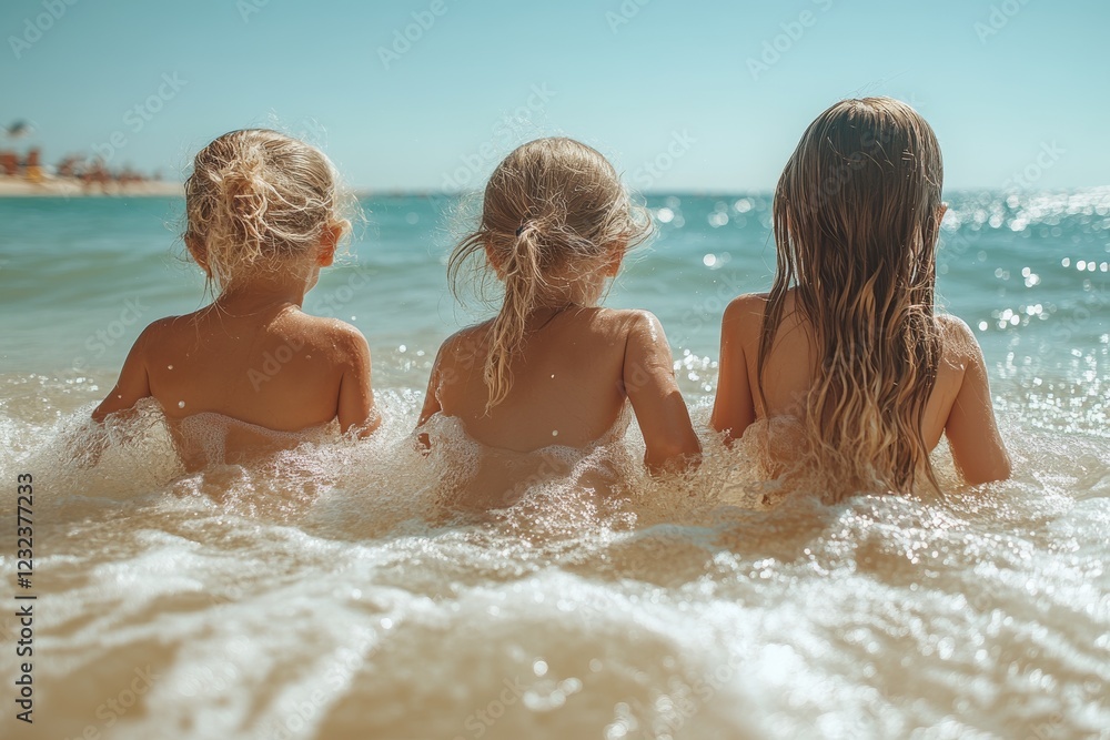 Children enjoying a sunny beach day while playing in shallow ocean water on a warm afternoon Children enjoying a sunny beach day while playing in shallow ocean water on a warm afternoon