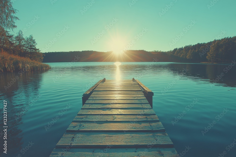 Fototapeta premium Sundown view from a wooden dock over a tranquil lake surrounded by trees