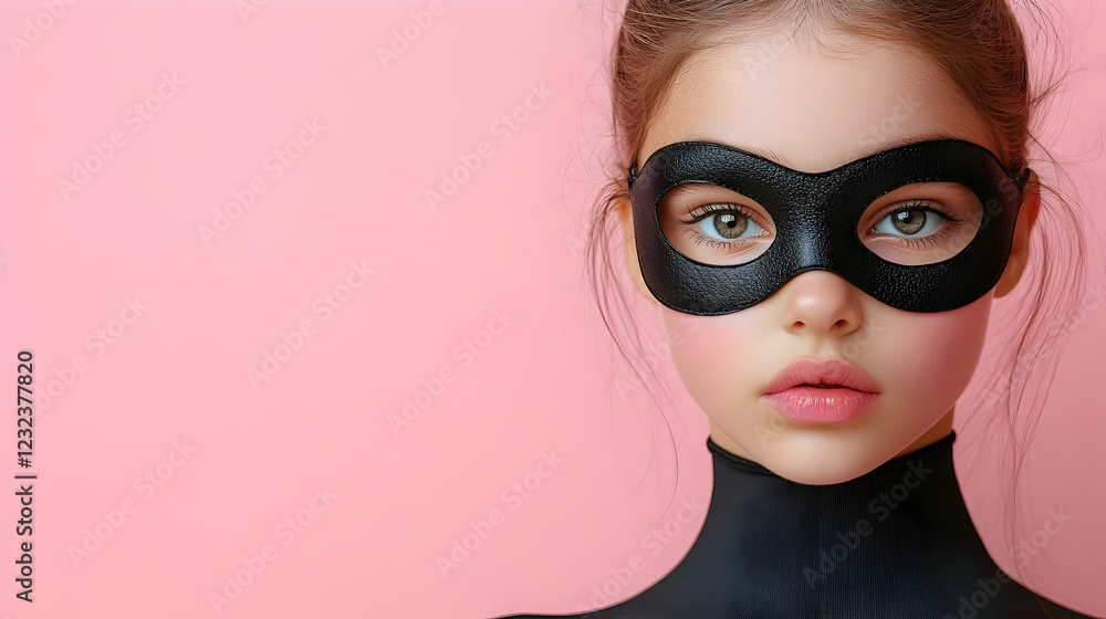 Mysterious Girl Wears Black Mask and Turtleneck on Pink Background, Intriguing Gaze. Mysterious Girl Wears Black Mask and Turtleneck on Pink Background, Intriguing Gaze.