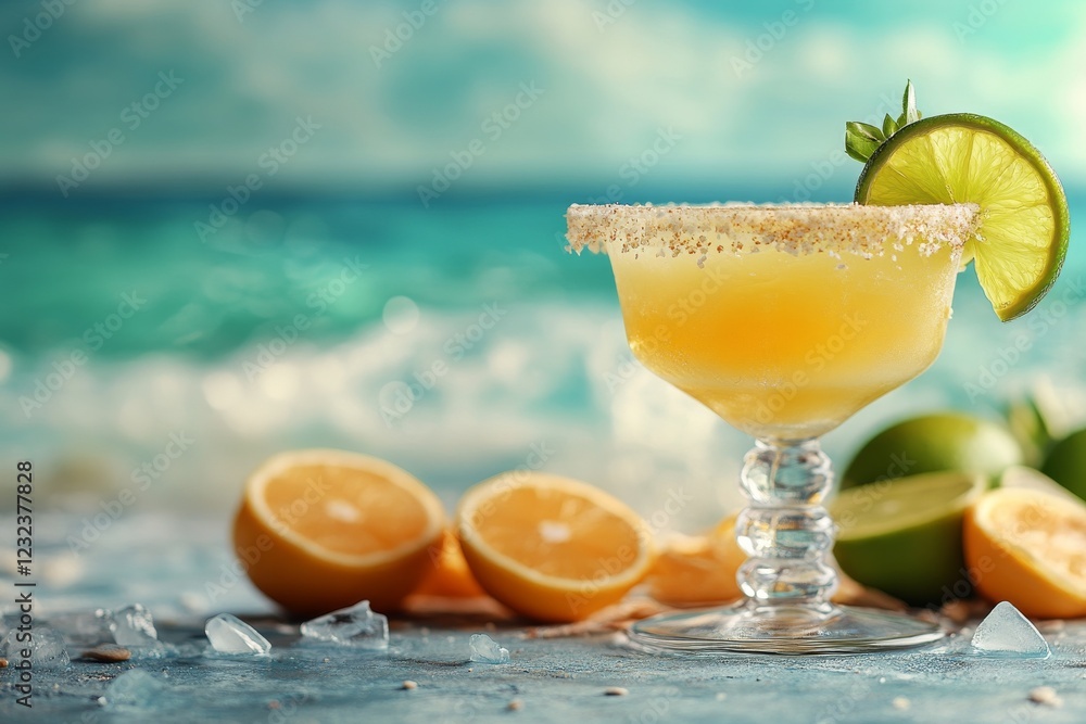 Obraz premium Refreshing citrus cocktail served by the beach on a sunny day with vibrant ocean backdrop