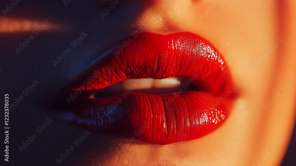 Fototapeta premium Girl lips with glossy shinny lipstick, Close up of lipstick with female lips, Beauty and cosmetics