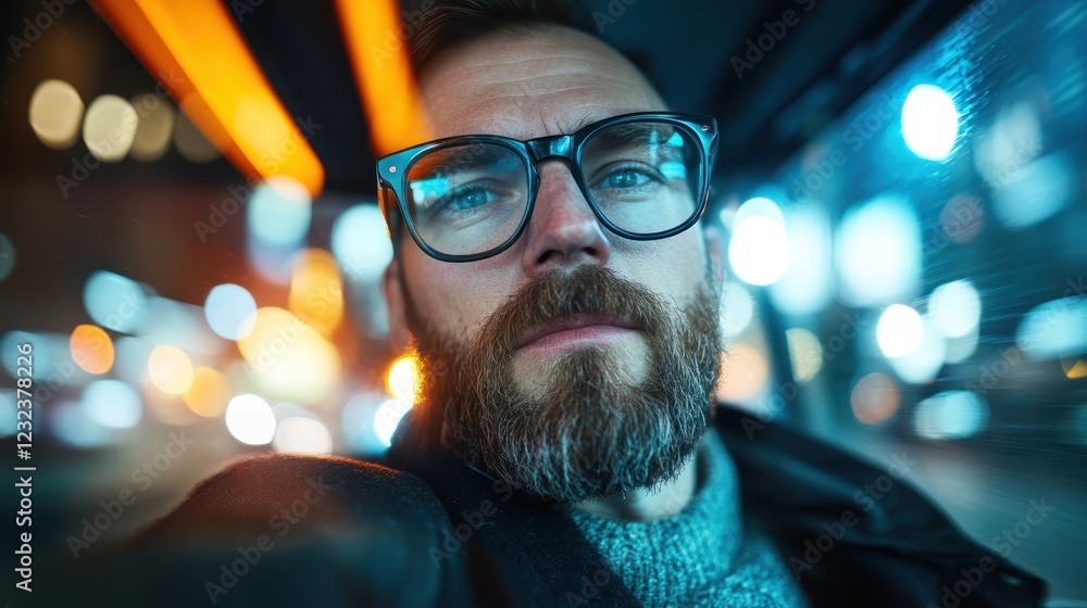 A striking close-up of a bearded man wearing glasses, set against a dynamic city backdrop, capturing the essence of urban life through expression and movement. A striking close-up of a bearded man wearing glasses, set against a dynamic city backdrop, capturing the essence of urban life through expression and movement.