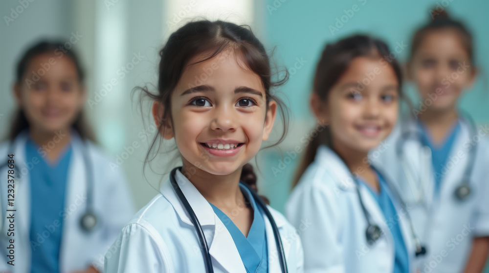 Group of girls in white coats and stethoscopes, playing doctors in a medical setting, future Health Professionals. Girls Dressed as Doctors Playing Doctors. Group of girls in white coats and stethoscopes, playing doctors in a medical setting, future Health Professionals. Girls Dressed as Doctors Playing Doctors.