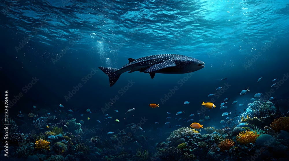 Naklejka premium A Tranquil Underwater Paradise: Luminous Marine Creatures Against a Deep Blue Seascape. Visualization Practice Concept