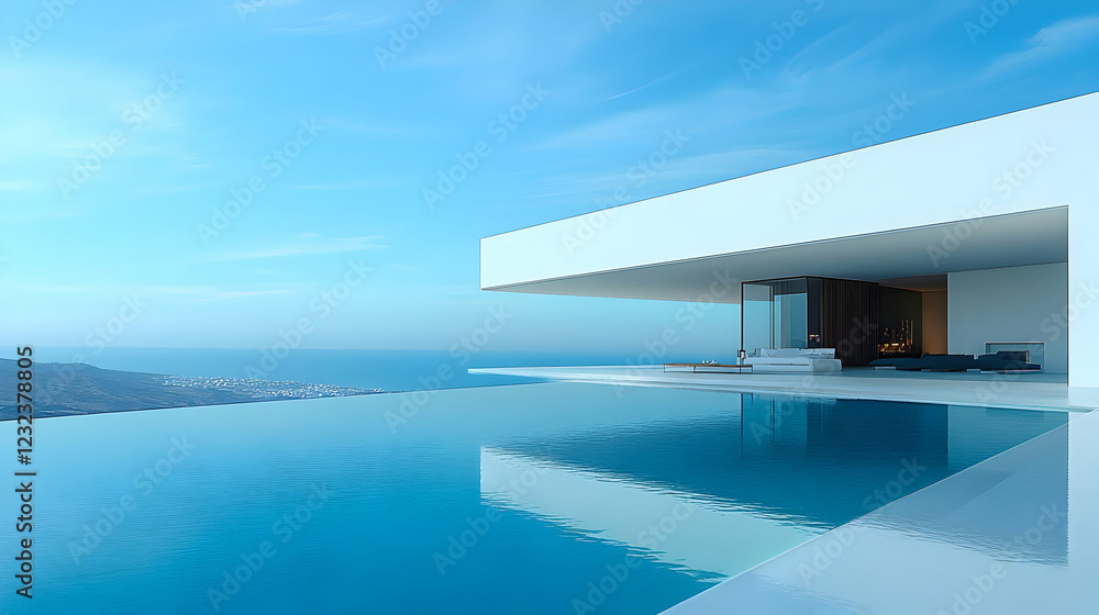 Modern Villa with Infinity Pool Overlooking the Ocean under Blue Sky Modern Villa with Infinity Pool Overlooking the Ocean under Blue Sky