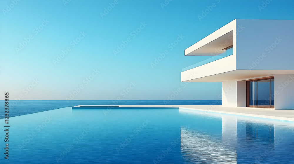 Fototapeta premium Modern white house with infinity pool overlooks the calm blue ocean under a clear sky.
