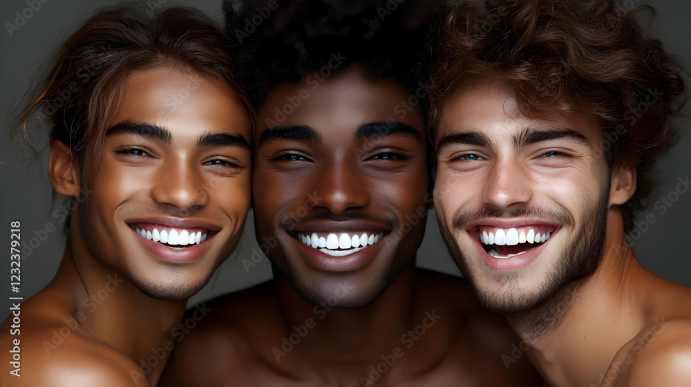 Three Diverse Men Smile, Showing Teeth and Healthy Skin, on a Gray Backdrop Three Diverse Men Smile, Showing Teeth and Healthy Skin, on a Gray Backdrop