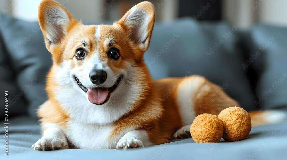 Happy Dog Lies on Sofa with Treats and Looks at Camera Happily Happy Dog Lies on Sofa with Treats and Looks at Camera Happily