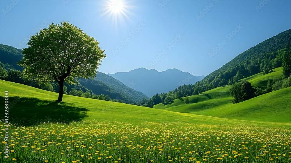 Obraz premium Lush Green Valley Shows Off Rolling Hills, Wildflowers, and Lone Tree Under Bright Sunshine