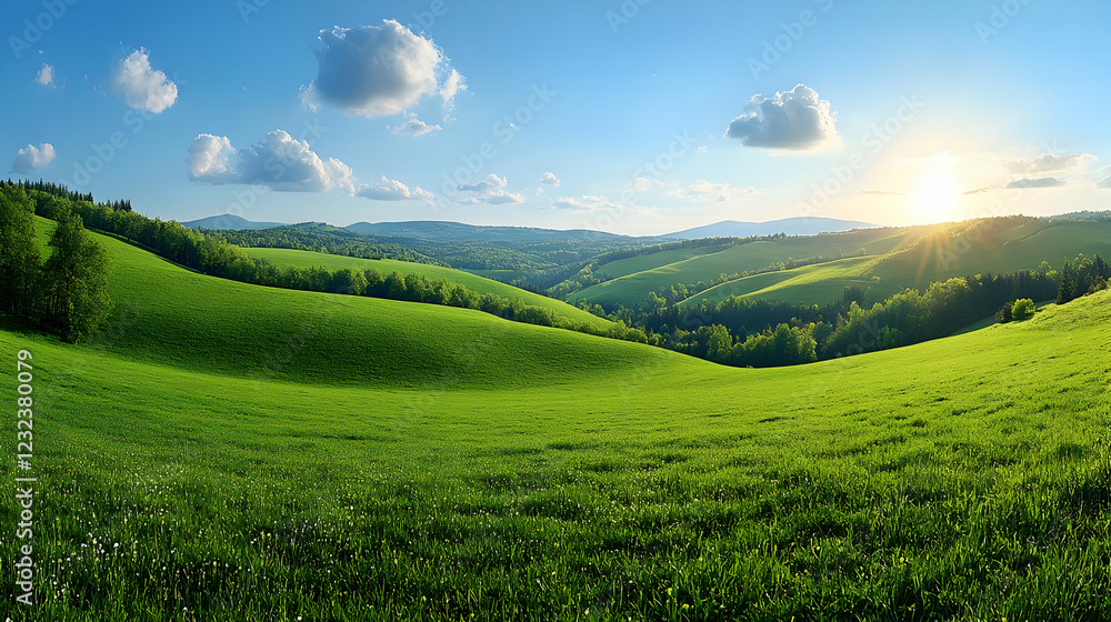 Fototapeta premium Green hills meet blue sky in a vibrant landscape under the setting sun.