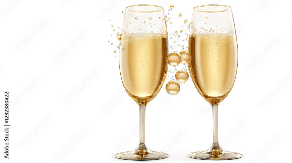 Two Champagne Glasses Clinking with Golden Bubbles Celebratory Toast Isolated on on transparent background PNG Two Champagne Glasses Clinking with Golden Bubbles Celebratory Toast Isolated on on transparent background PNG