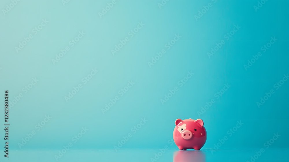 pink ceramic piggy bank with cheerful face is placed on reflective surface against blue background, symbolizing savings and financial planning pink ceramic piggy bank with cheerful face is placed on reflective surface against blue background, symbolizing savings and financial planning