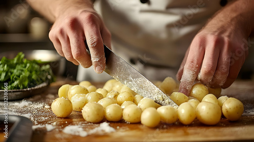 Chef Slices Small Potatoes ...