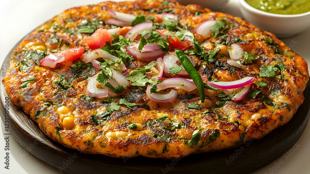 Savory Pancake Topped with Fresh Herbs, Onions, Tomatoes, and a Side of Green Sauce Savory Pancake Topped with Fresh Herbs, Onions, Tomatoes, and a Side of Green Sauce