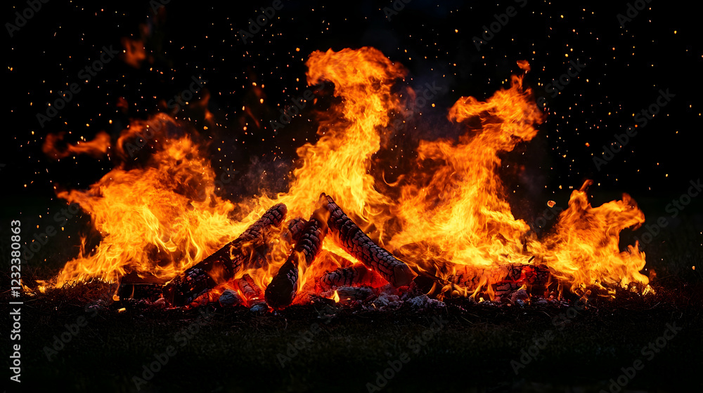 Obraz premium Bonfire Burns Brightly in the Night with Embers and Flames Reaching High