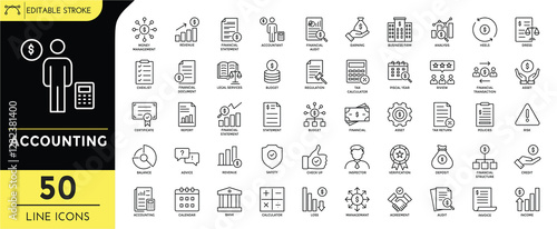 Accounting line editable icon set. editable stroke vector pack. money managemaent, financial staement, legal services, accountant, financial audit,  regulation and more. vector illustration