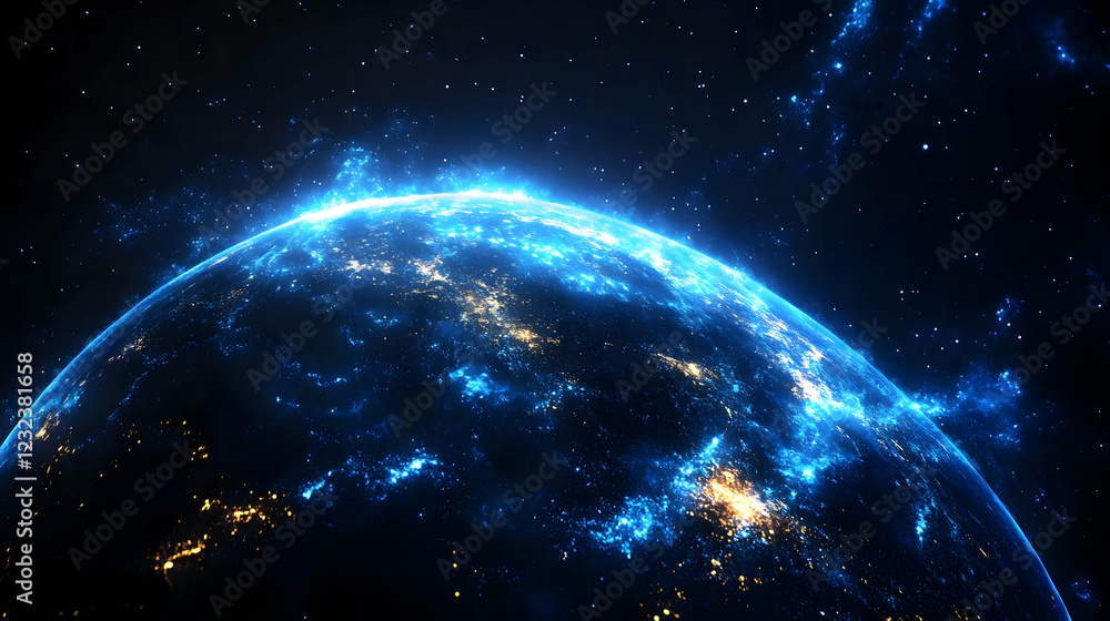 Obraz premium Planet Earth glows with electric blue energy and city lights illuminates the dark side of the world in space.