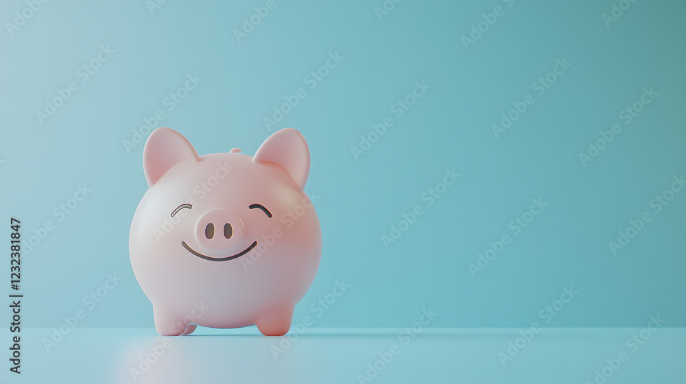 smiling pink piggy bank stands on vibrant blue background, symbolizing savings and financial growth. cheerful expression adds playful touch to concept of money management smiling pink piggy bank stands on vibrant blue background, symbolizing savings and financial growth. cheerful expression adds playful touch to concept of money management