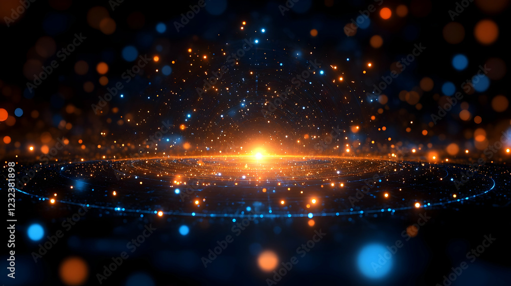 Fototapeta premium Abstract Background Shows Glowing Particles with Bokeh Effect and Dark Background